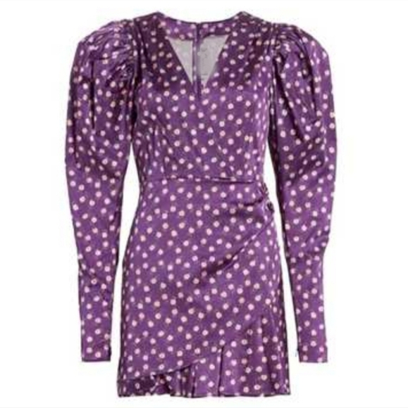 CINQ À SEPT Micro Floral Mini Sheath Wrap Dress Long Puff Sleeve Women‎ 6 Purple - Picture 1 of 13